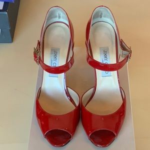 Jimmy Choo patent red peep toe Mary Jane size 40